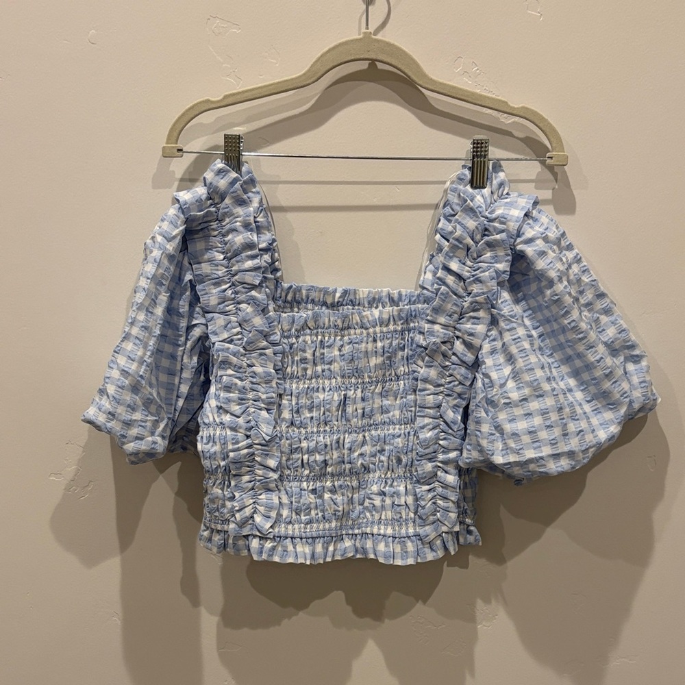 English Factory Light Blue Gingham Smocked Ruffle Crop Top